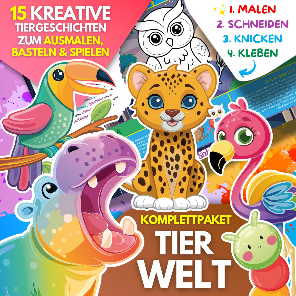 15 KREATIVE TIERGESCHICHTEN ZUM AUSMALEN, BASTELN & SPIELEN | KOMPLETTPAKET TIERWELT ZUM AUSDRUCKEN - Sabbatbox