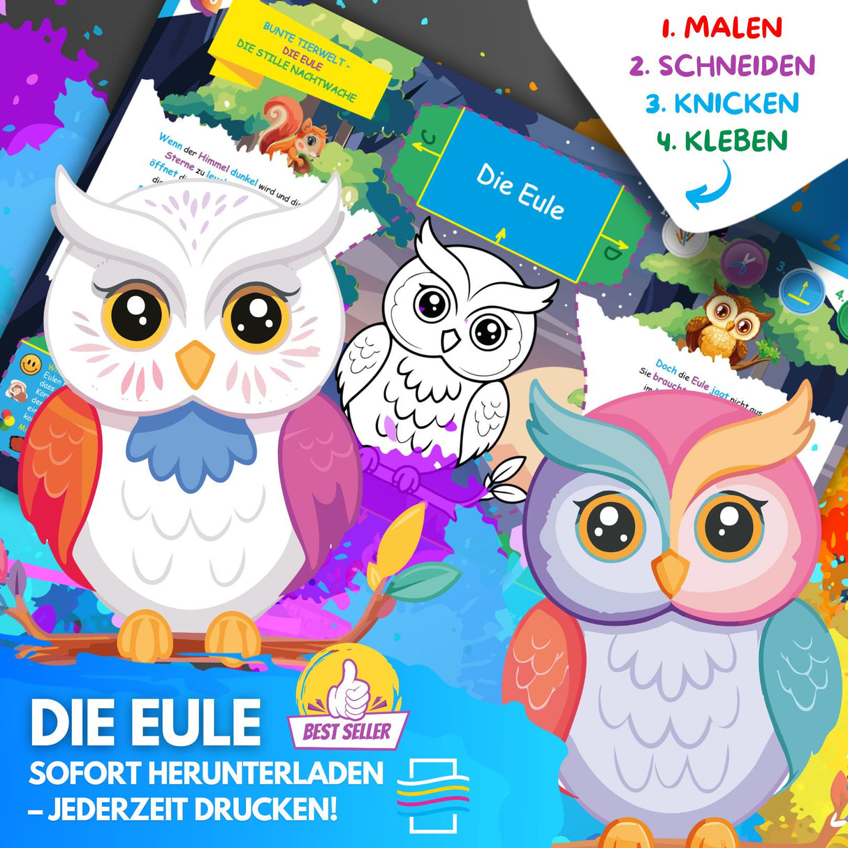 DIE EULE ZUM AUSMALEN & BASTELN | MIT GESCHICHTE ZUM LERNEN & SAMMELN | DOWNLOAD ZUM AUSDRUCKEN