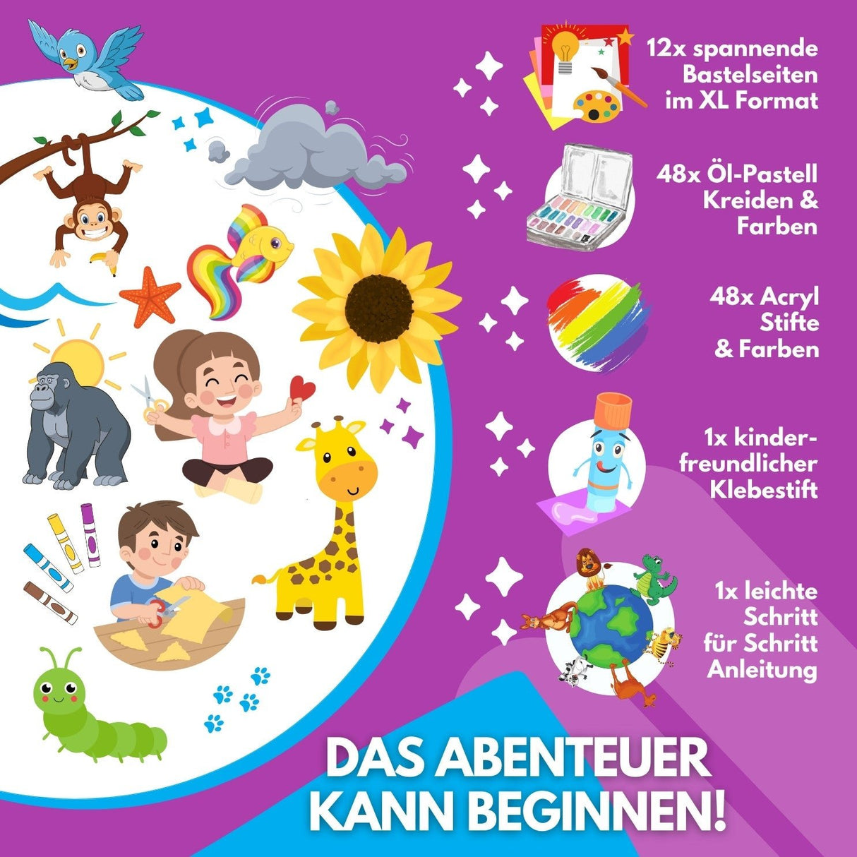 BUNTE TIERWELT - DAS XXL MAL UND BASTELSET FÜR KLEINE FORSCHER AUF KREATIVER TIER EXPEDITION - Sabbatbox