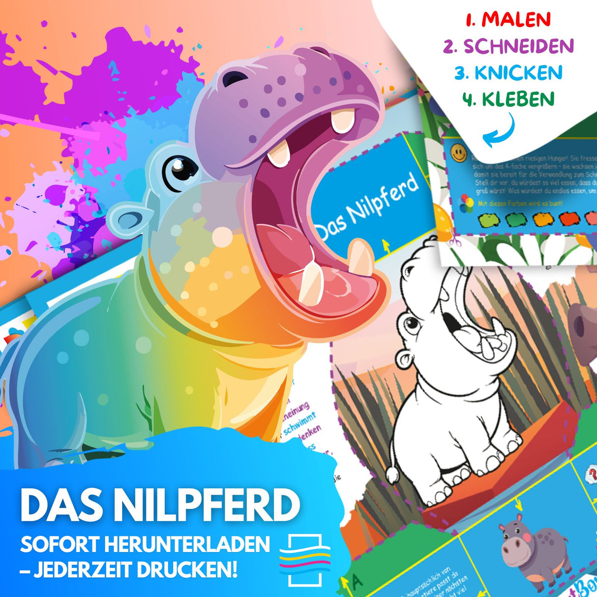 DAS NILPFERD ZUM AUSMALEN & BASTELN | MIT GESCHICHTE ZUM LERNEN & SAMMELN | DOWNLOAD ZUM AUSDRUCKEN - Sabbatbox