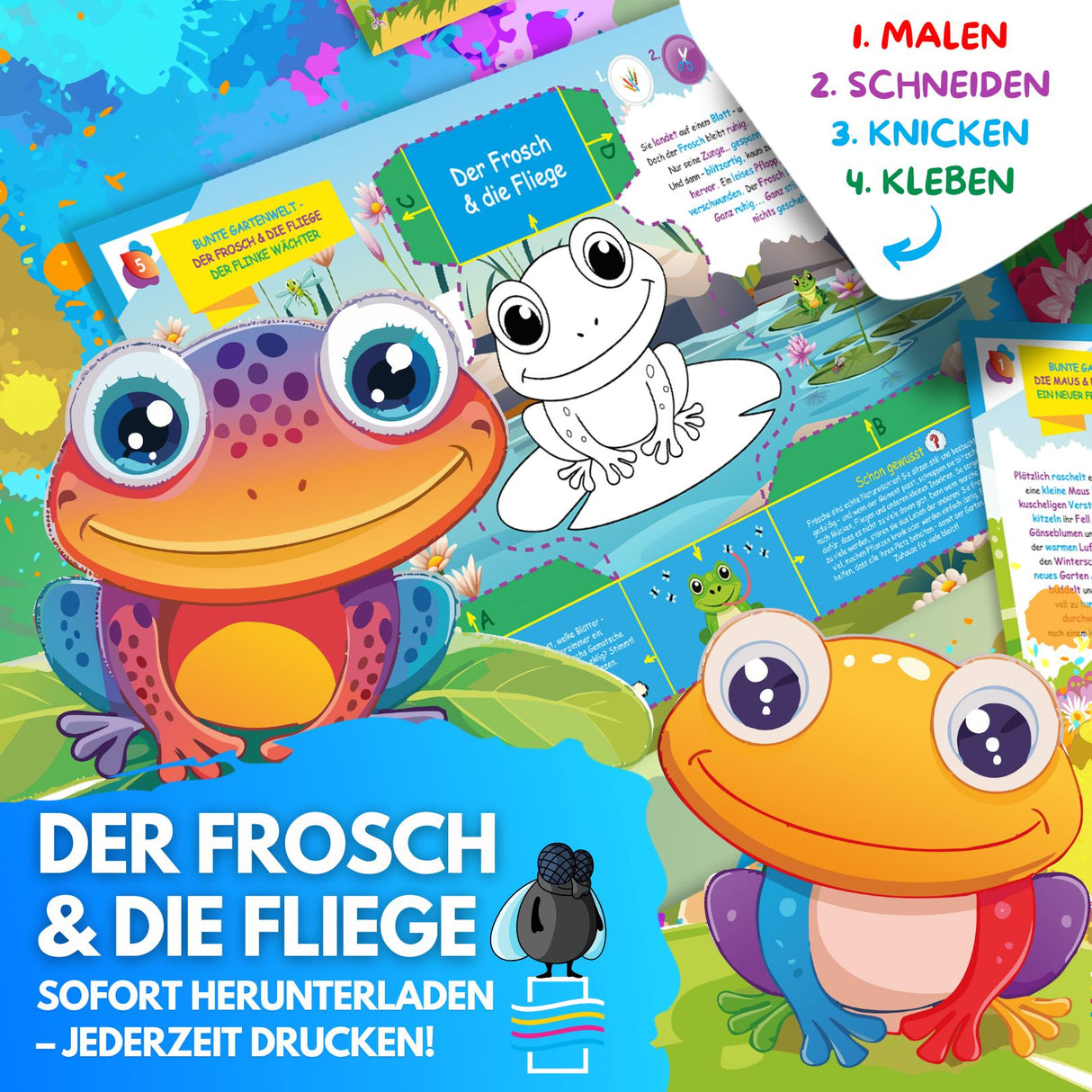 DER FROSCH & DIE FLIEGE ZUM AUSMALEN & BASTELN | MIT GESCHICHTE ZUM LERNEN & SAMMELN | DOWNLOAD ZUM AUSDRUCKEN - Sabbatbox