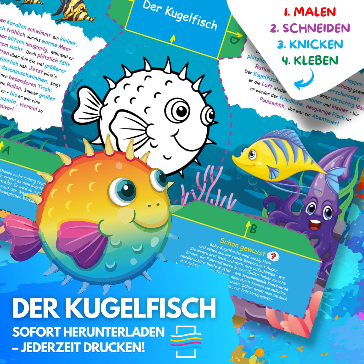DER KUGELFISCH ZUM AUSMALEN & BASTELN | MIT GESCHICHTE ZUM LERNEN & SAMMELN | DOWNLOAD ZUM AUSDRUCKEN - Sabbatbox