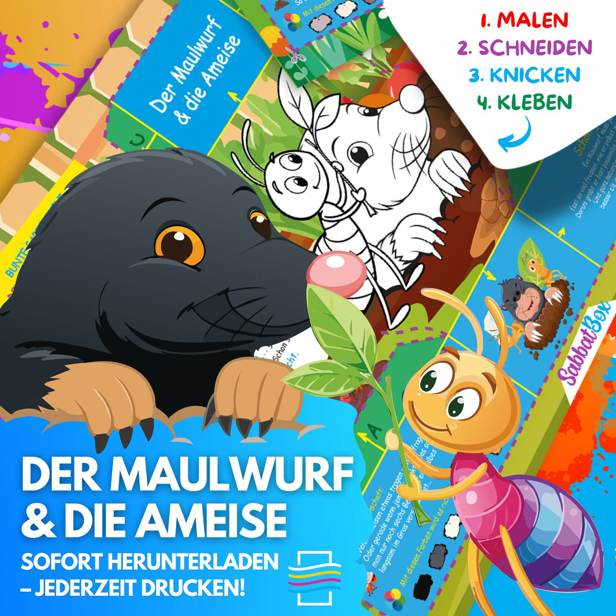 DER MAULWURF UND DIE AMEISE ZUM AUSMALEN & BASTELN | MIT GESCHICHTE ZUM LERNEN & SAMMELN | DOWNLOAD ZUM AUSDRUCKEN - Sabbatbox