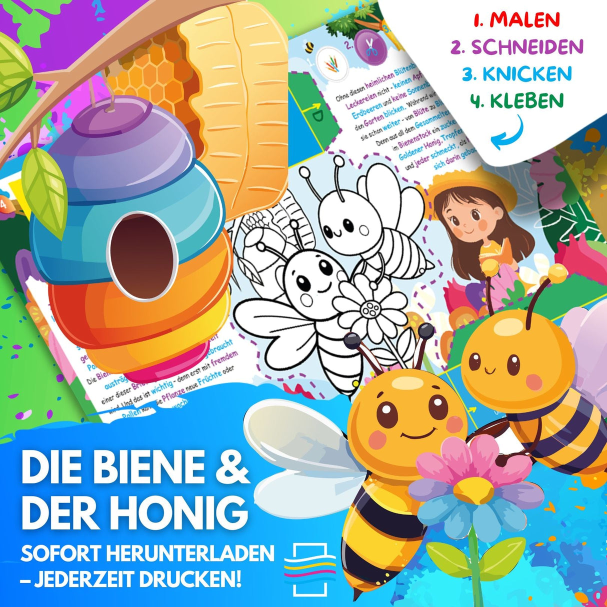 DIE BIENE UND DER HONIG ZUM AUSMALEN & BASTELN | MIT GESCHICHTE ZUM LERNEN & SAMMELN | DOWNLOAD ZUM AUSDRUCKEN - Sabbatbox