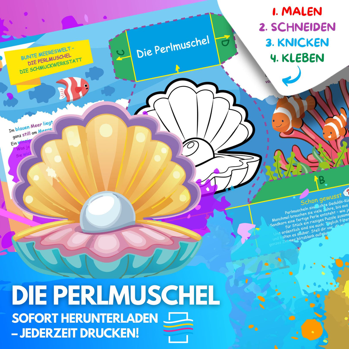 DIE PERLMUSCHEL ZUM AUSMALEN & BASTELN | MIT GESCHICHTE ZUM LERNEN & SAMMELN | DOWNLOAD ZUM AUSDRUCKEN - Sabbatbox