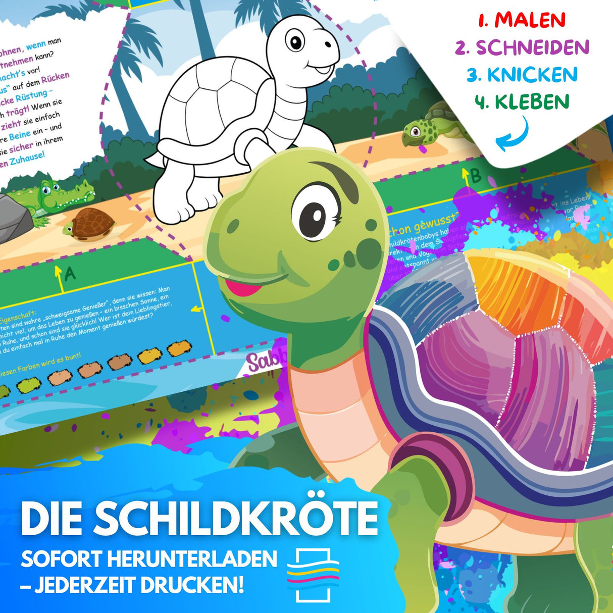DIE SCHILDKRÖTE ZUM AUSMALEN & BASTELN | MIT GESCHICHTE ZUM LERNEN & SAMMELN | DOWNLOAD ZUM AUSDRUCKEN - Sabbatbox