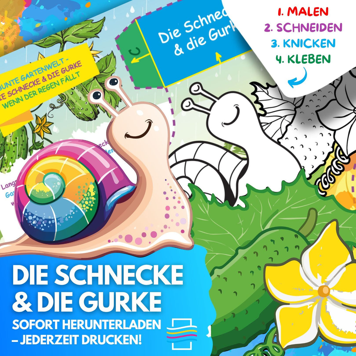 DIE SCHNECKE & DIE GURKE ZUM AUSMALEN & BASTELN | MIT GESCHICHTE ZUM LERNEN & SAMMELN | DOWNLOAD ZUM AUSDRUCKEN - Sabbatbox
