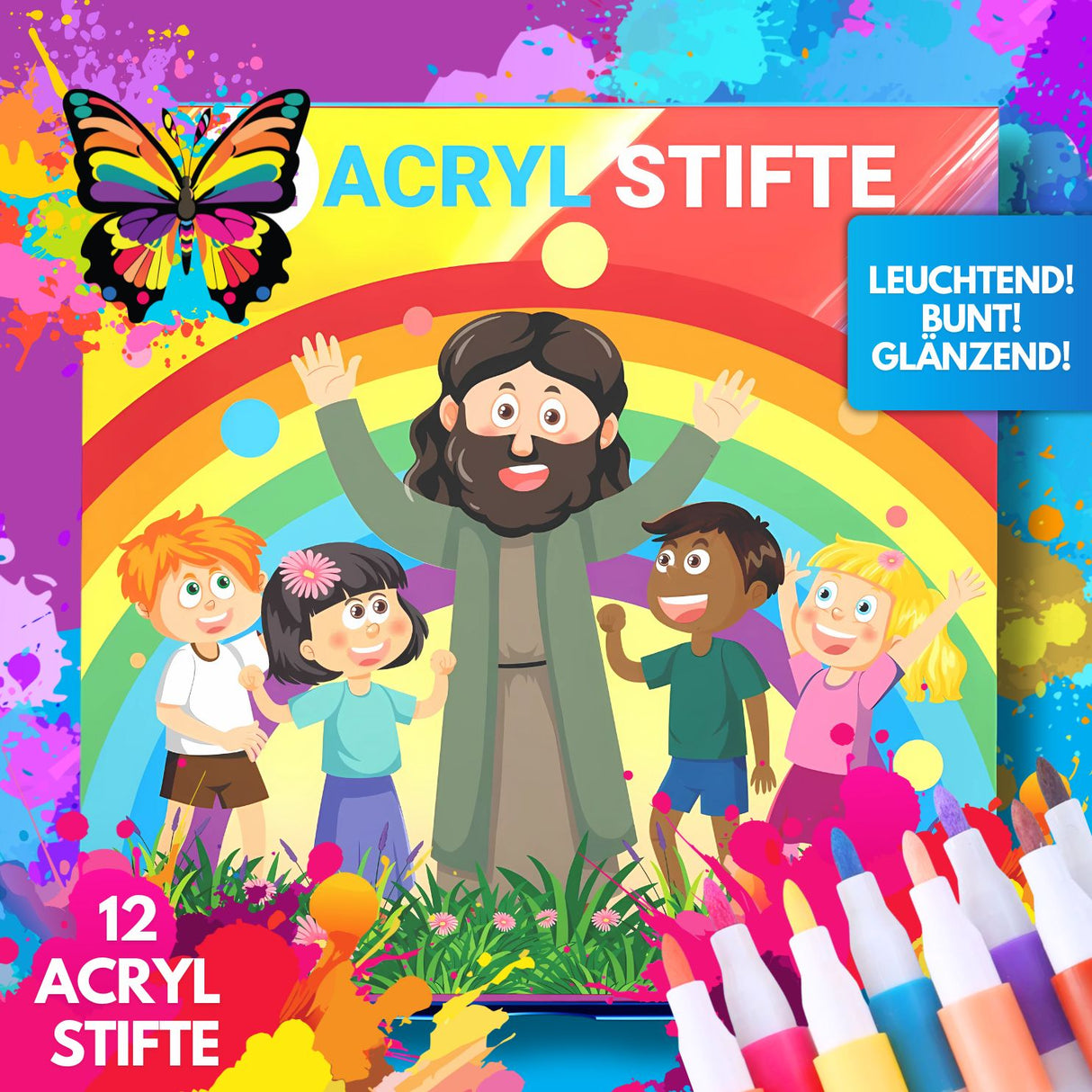 STRAHLENDE ACRYLSTIFTE - 12 FARBEN FÜR KLEINE KÜNSTLER - KINDERFREUNDLICHES DESIGN, NOAH - Sabbatbox