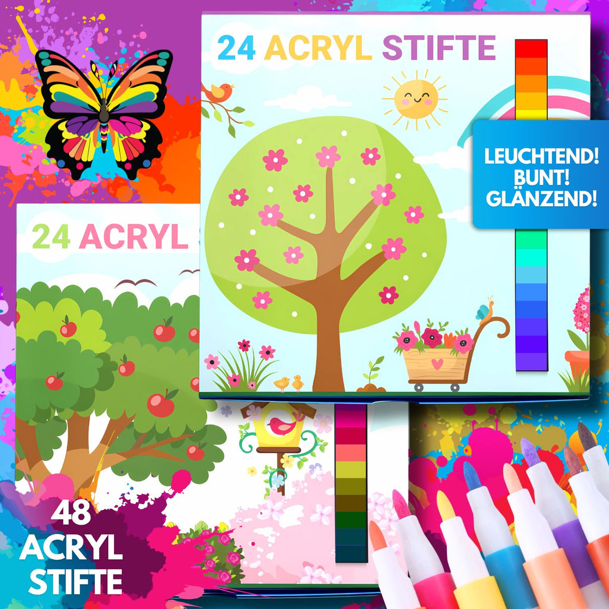 STRAHLENDE ACRYLSTIFTE - 48 FARBEN FÜR KLEINE KÜNSTLER - KINDERFREUNDLICHES DESIGN, BUNTE GARTENWELT - Sabbatbox