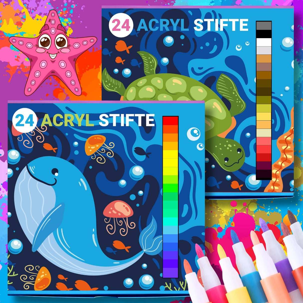 STRAHLENDE ACRYLSTIFTE - 48 FARBEN FÜR KLEINE KÜNSTLER - KINDERFREUNDLICHES DESIGN, BUNTE MEERESWELT - Sabbatbox
