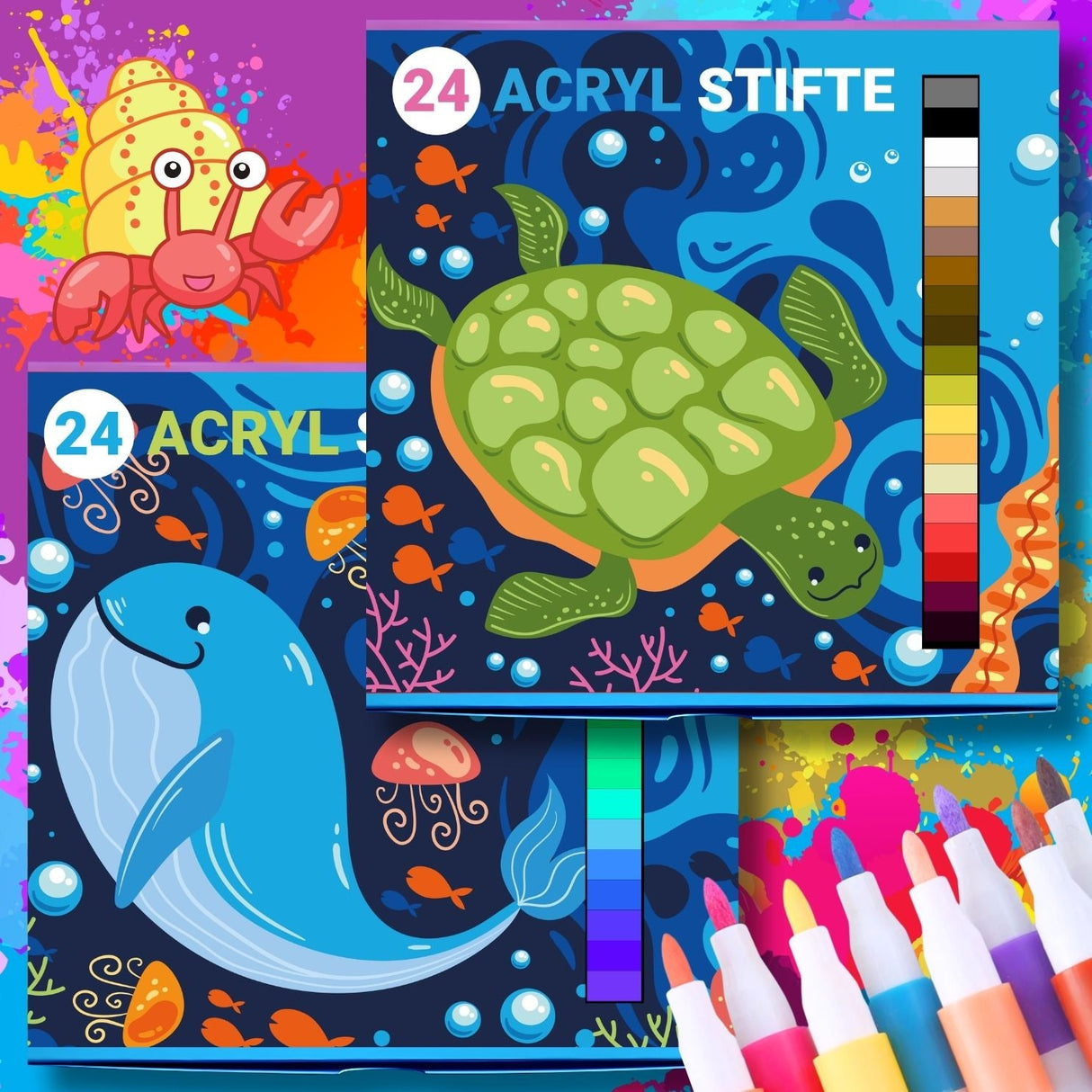 STRAHLENDE ACRYLSTIFTE - 48 FARBEN FÜR KLEINE KÜNSTLER - KINDERFREUNDLICHES DESIGN, BUNTE MEERESWELT - Sabbatbox