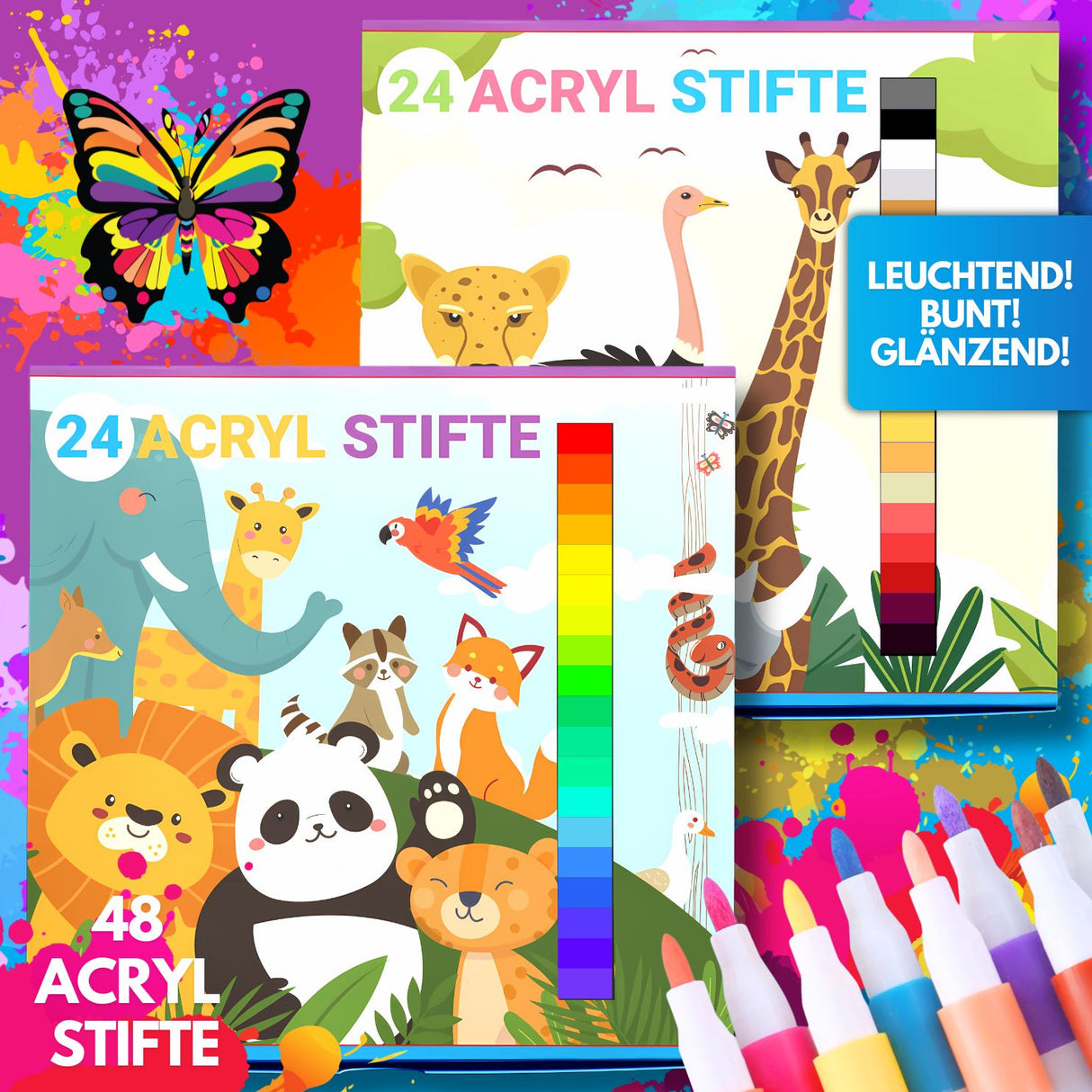 STRAHLENDE ACRYLSTIFTE - 48 FARBEN FÜR KLEINE KÜNSTLER - KINDERFREUNDLICHES DESIGN, BUNTE TIERWELT - Sabbatbox
