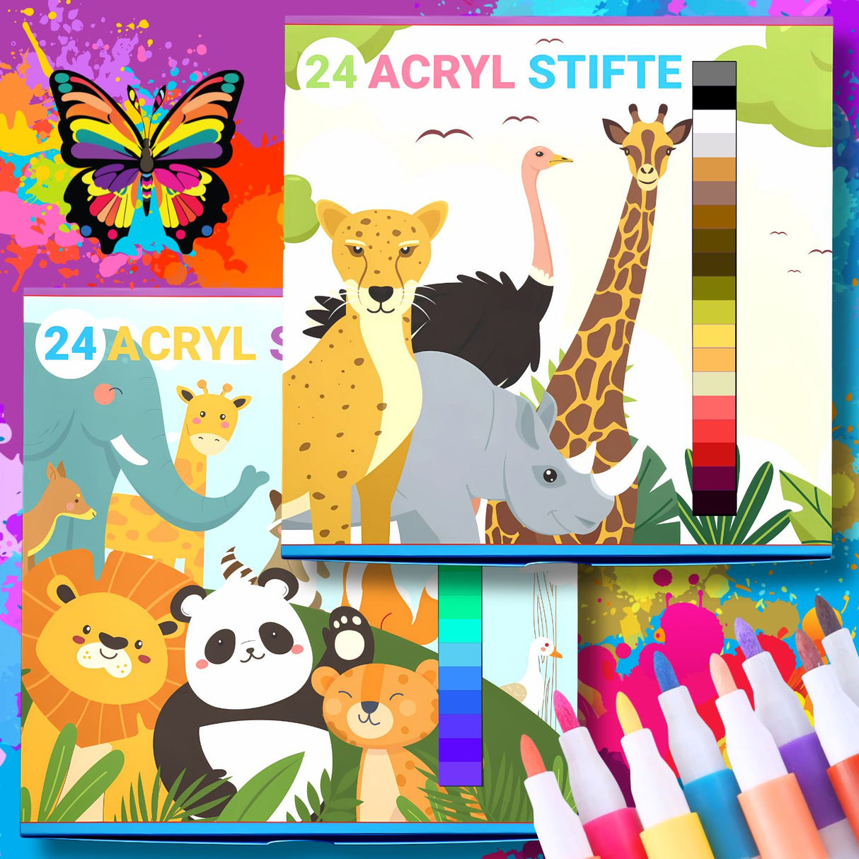 STRAHLENDE ACRYLSTIFTE - 48 FARBEN FÜR KLEINE KÜNSTLER - KINDERFREUNDLICHES DESIGN, BUNTE TIERWELT - Sabbatbox