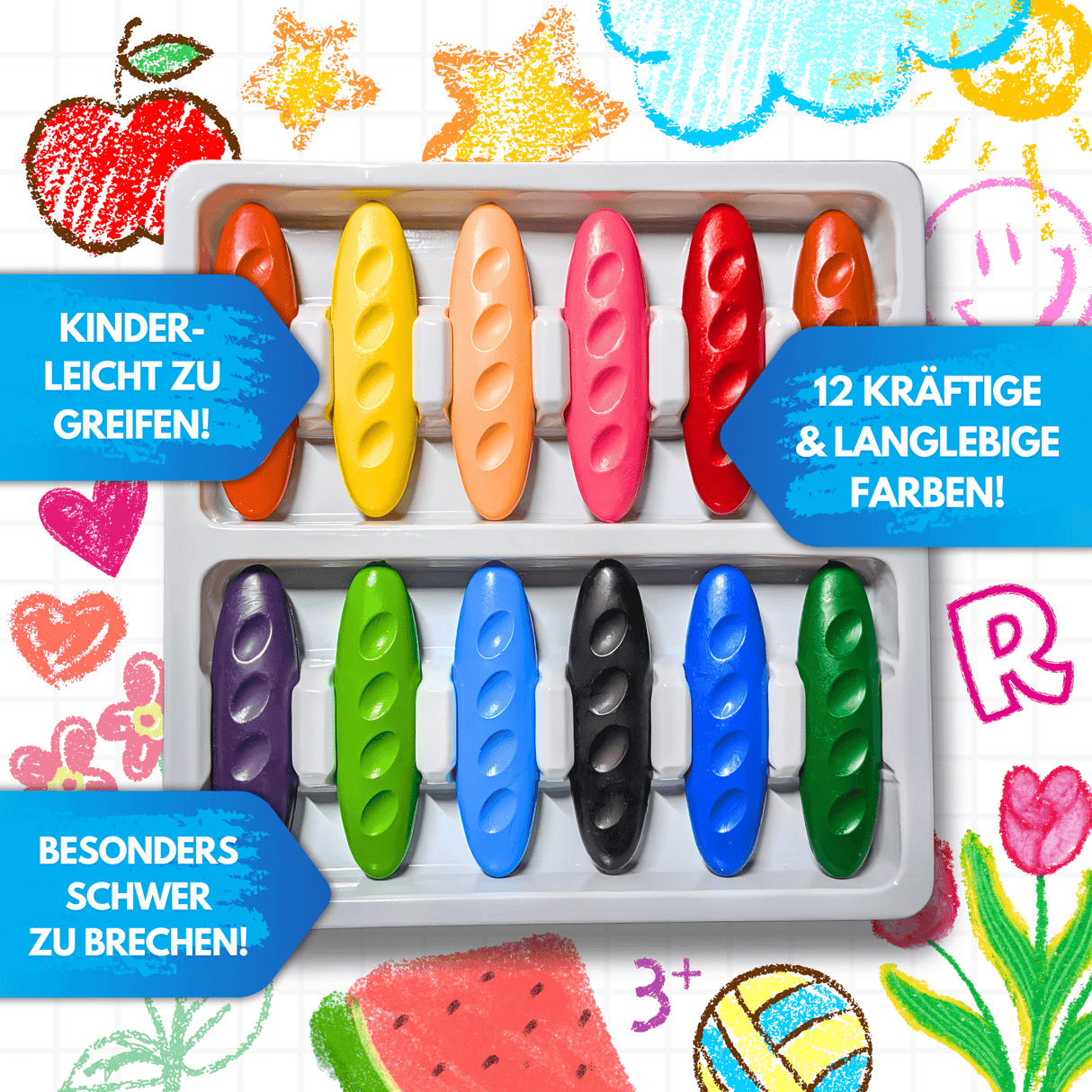 WACHSMALKIESEL - 12 WACHSMALSTIFTE FÜR KLEINE KÜNSTLER - KINDERFREUNDLICHES DESIGN, BUNTE TIERWELT - Sabbatbox