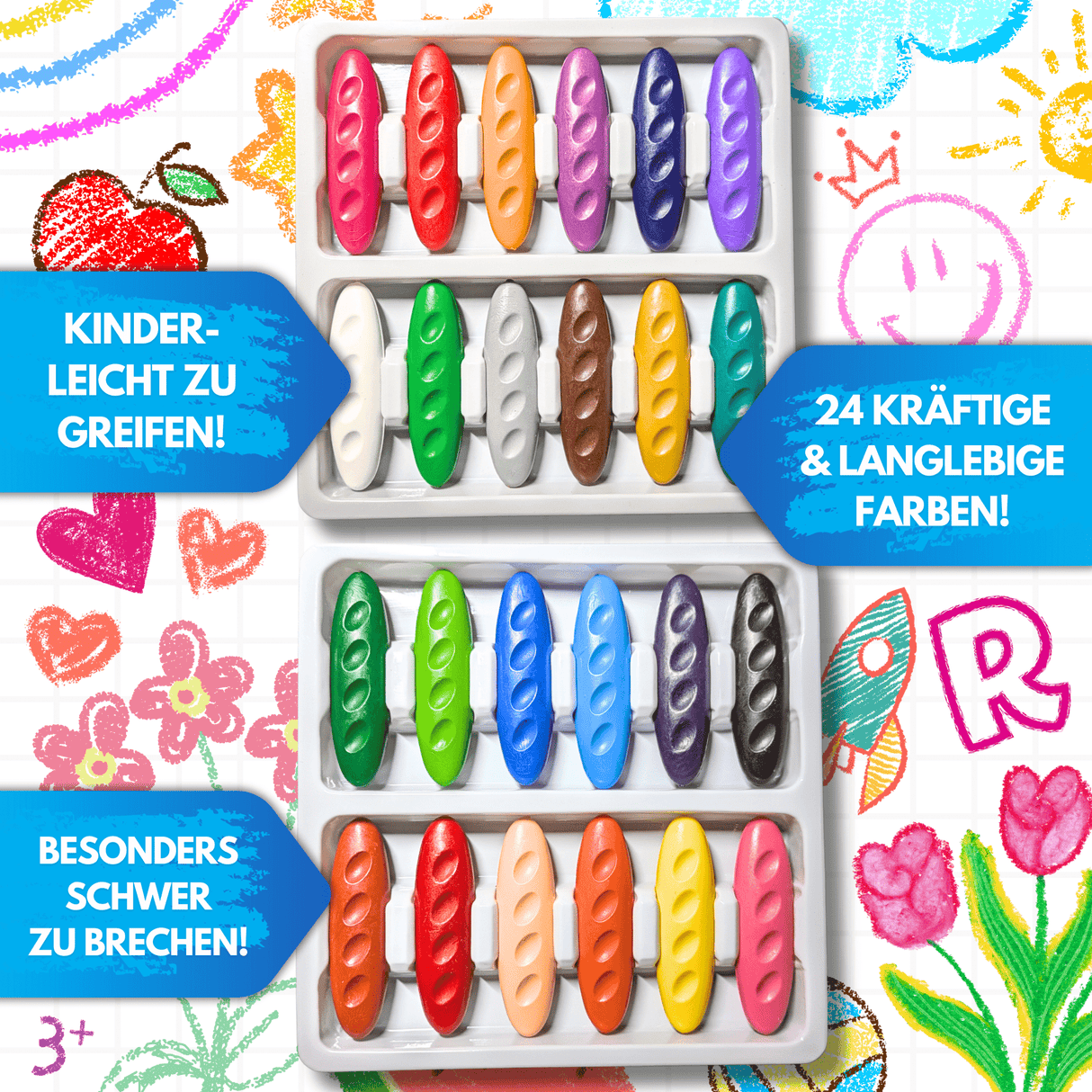 WACHSMALKIESEL - 24 WACHSMALSTIFTE FÜR KLEINE KÜNSTLER - KINDERFREUNDLICHES DESIGN, BUNTE TIERWELT - Sabbatbox