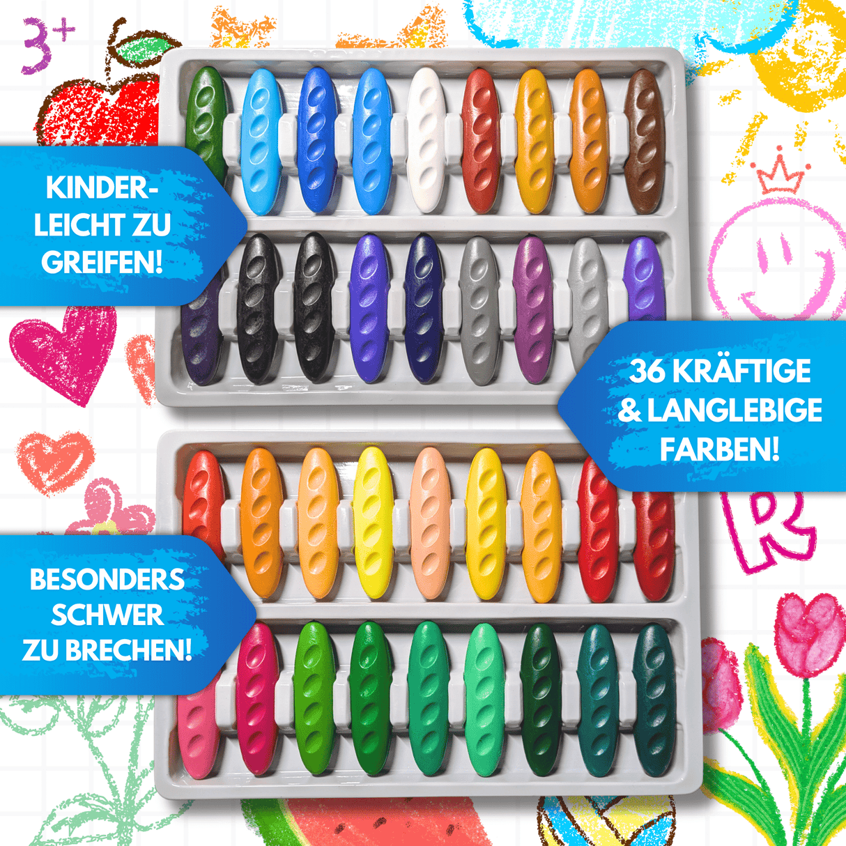 WACHSMALKIESEL - 36 WACHSMALSTIFTE FÜR KLEINE KÜNSTLER - KINDERFREUNDLICHES DESIGN, BUNTE TIERWELT - Sabbatbox