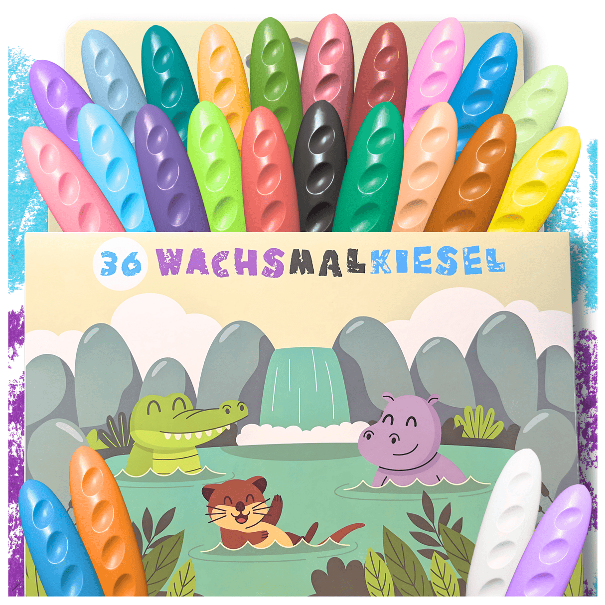 WACHSMALKIESEL - 36 WACHSMALSTIFTE FÜR KLEINE KÜNSTLER - KINDERFREUNDLICHES DESIGN, BUNTE TIERWELT - Sabbatbox