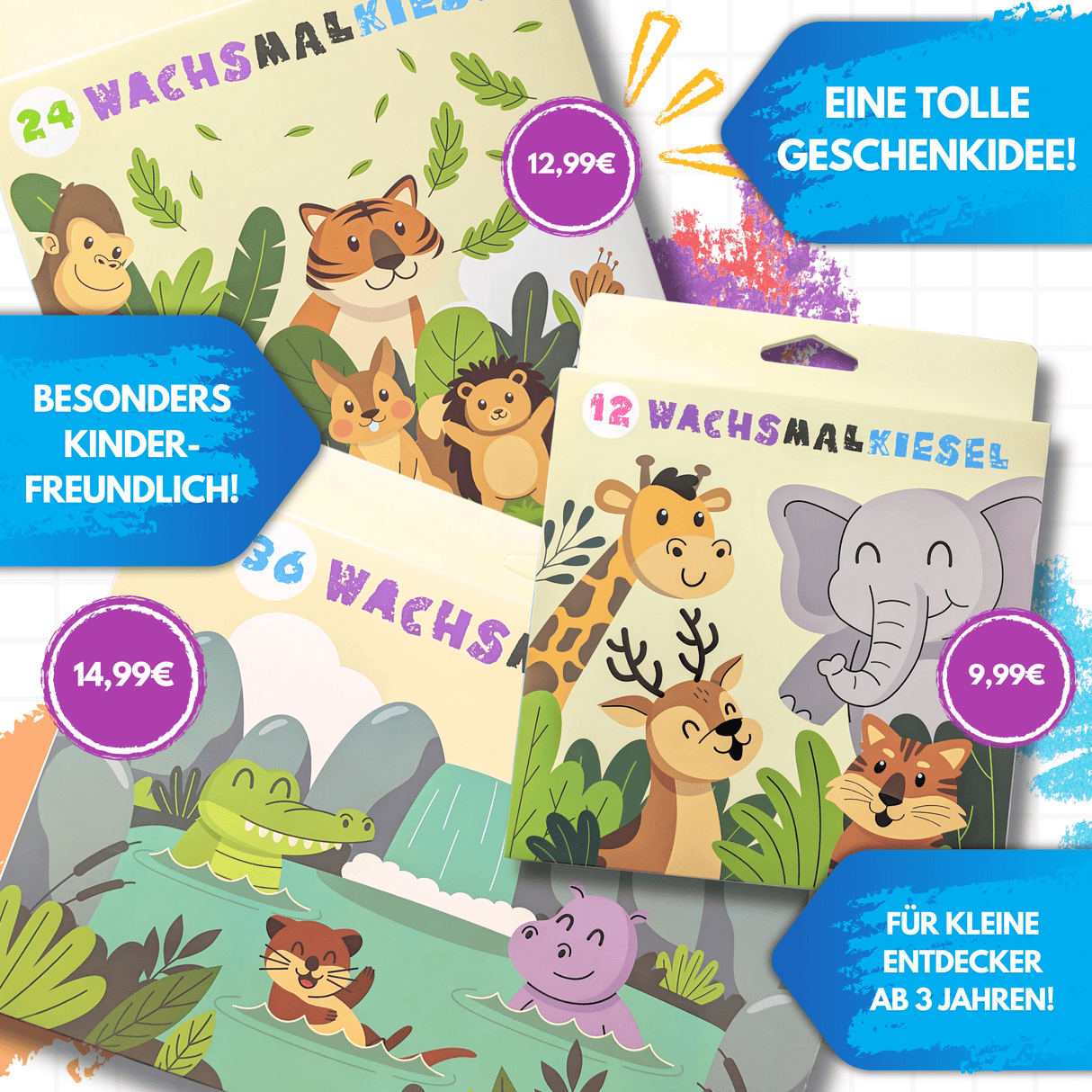 WACHSMALKIESEL - 36 WACHSMALSTIFTE FÜR KLEINE KÜNSTLER - KINDERFREUNDLICHES DESIGN, BUNTE TIERWELT - Sabbatbox