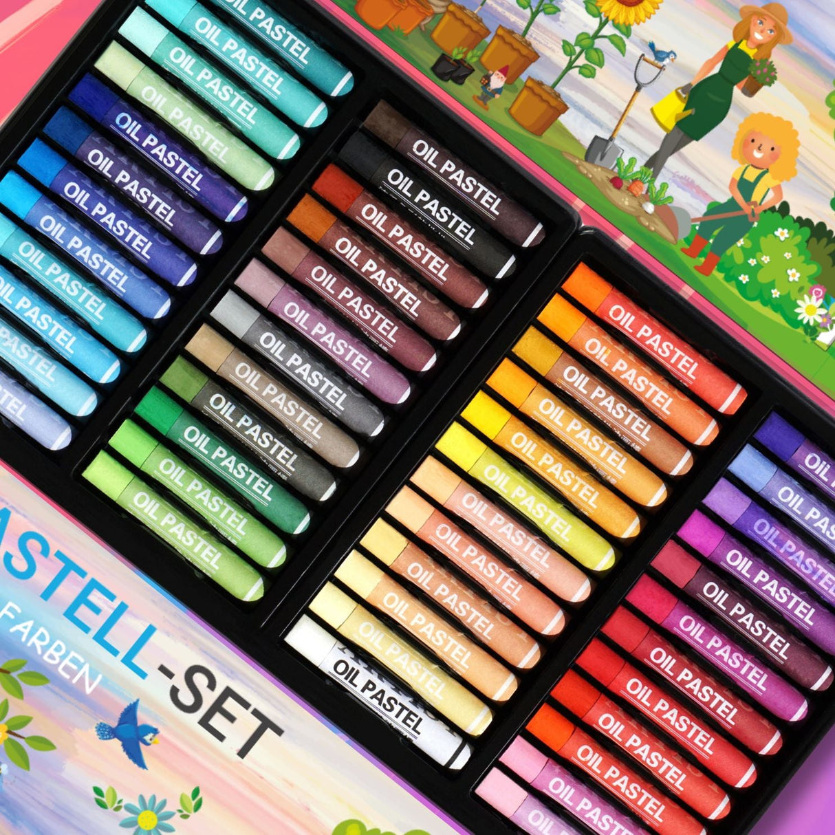 WEICHE ÖLPASTELLKREIDEN - 48 FARBEN FÜR KLEINE KÜNSTLER - KINDERFREUNDLICHES DESIGN, BUNTE GARTENWELT - Sabbatbox