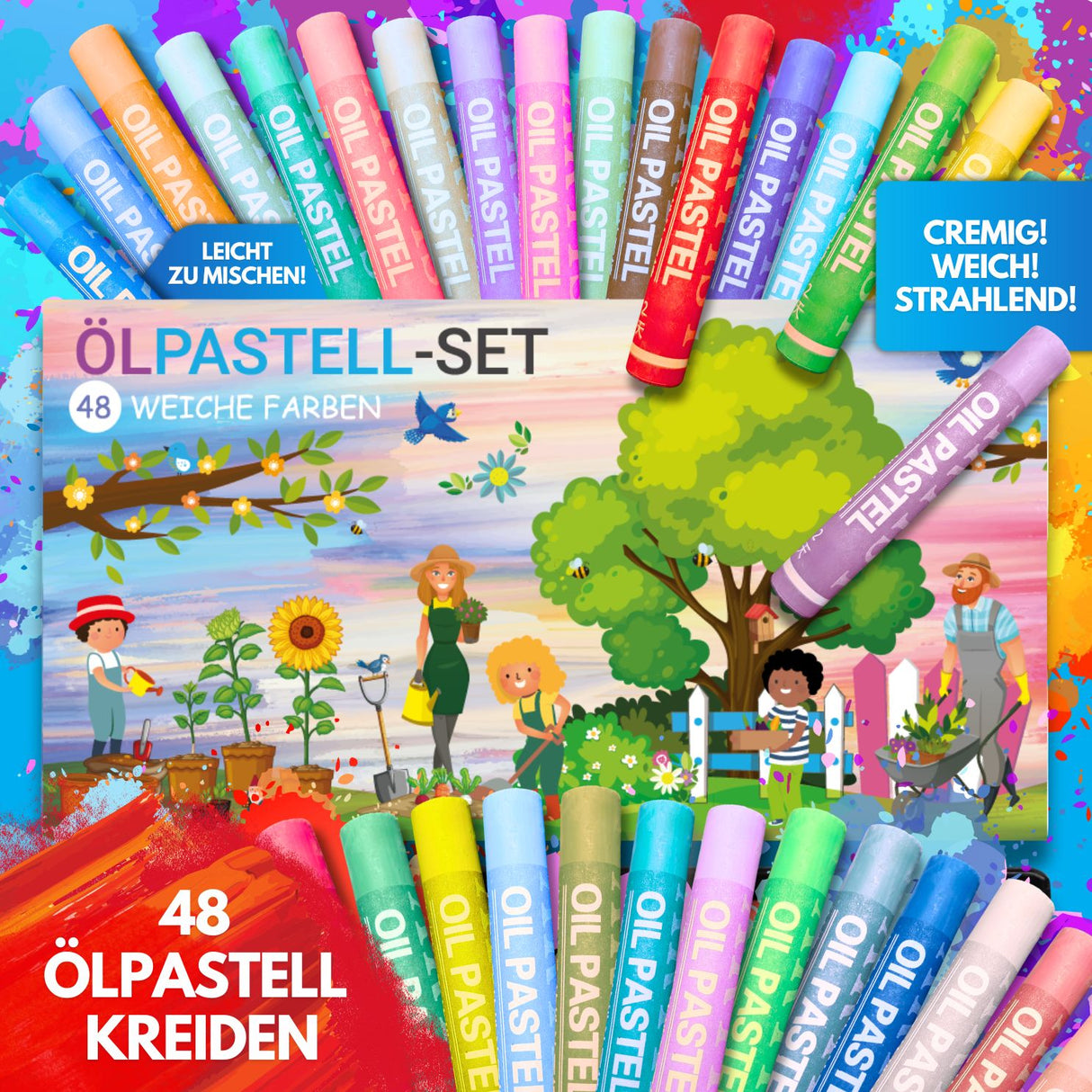 WEICHE ÖLPASTELLKREIDEN - 48 FARBEN FÜR KLEINE KÜNSTLER - KINDERFREUNDLICHES DESIGN, BUNTE GARTENWELT - Sabbatbox