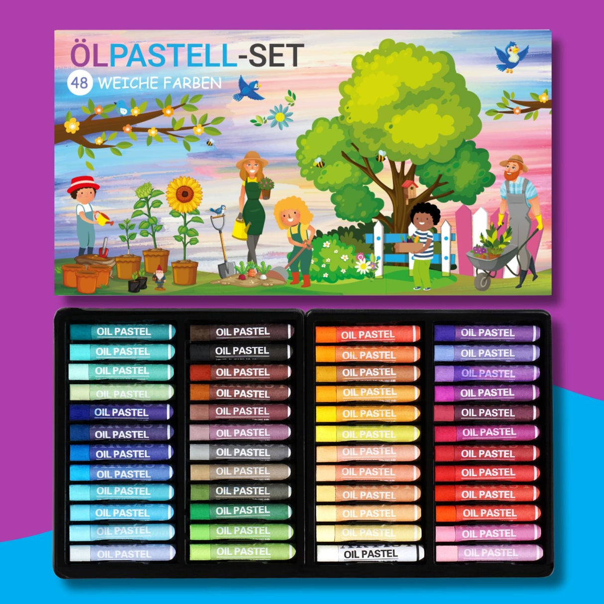 WEICHE ÖLPASTELLKREIDEN - 48 FARBEN FÜR KLEINE KÜNSTLER - KINDERFREUNDLICHES DESIGN, BUNTE GARTENWELT - Sabbatbox