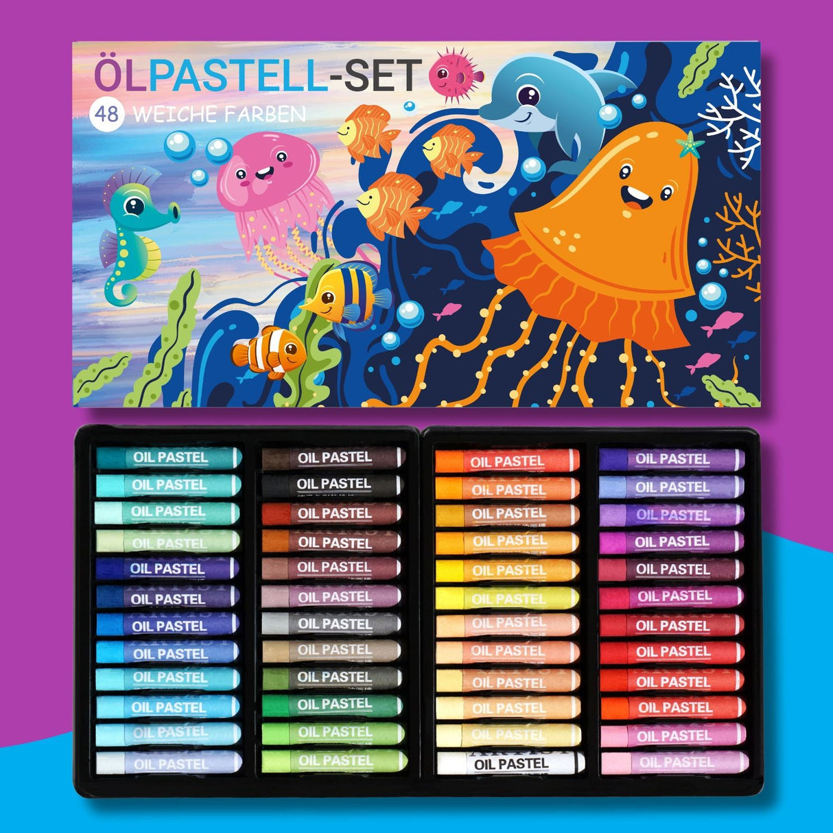 WEICHE ÖLPASTELLKREIDEN - 48 FARBEN FÜR KLEINE KÜNSTLER - KINDERFREUNDLICHES DESIGN, BUNTE MEERESWELT - Sabbatbox
