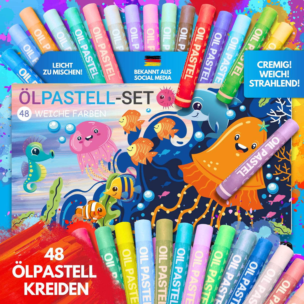 WEICHE ÖLPASTELLKREIDEN - 48 FARBEN FÜR KLEINE KÜNSTLER - KINDERFREUNDLICHES DESIGN, BUNTE MEERESWELT - Sabbatbox