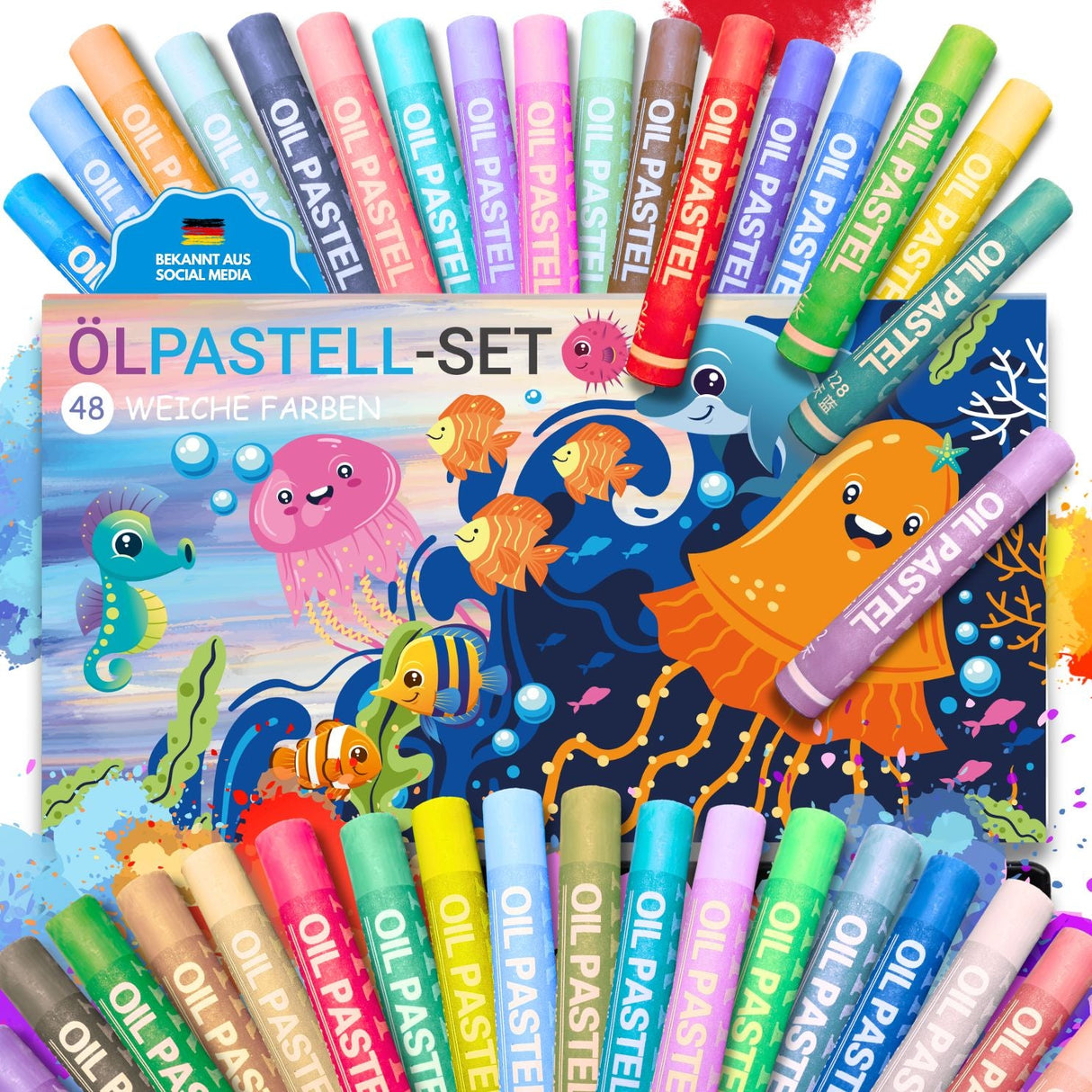 WEICHE ÖLPASTELLKREIDEN - 48 FARBEN FÜR KLEINE KÜNSTLER - KINDERFREUNDLICHES DESIGN, BUNTE MEERESWELT - Sabbatbox