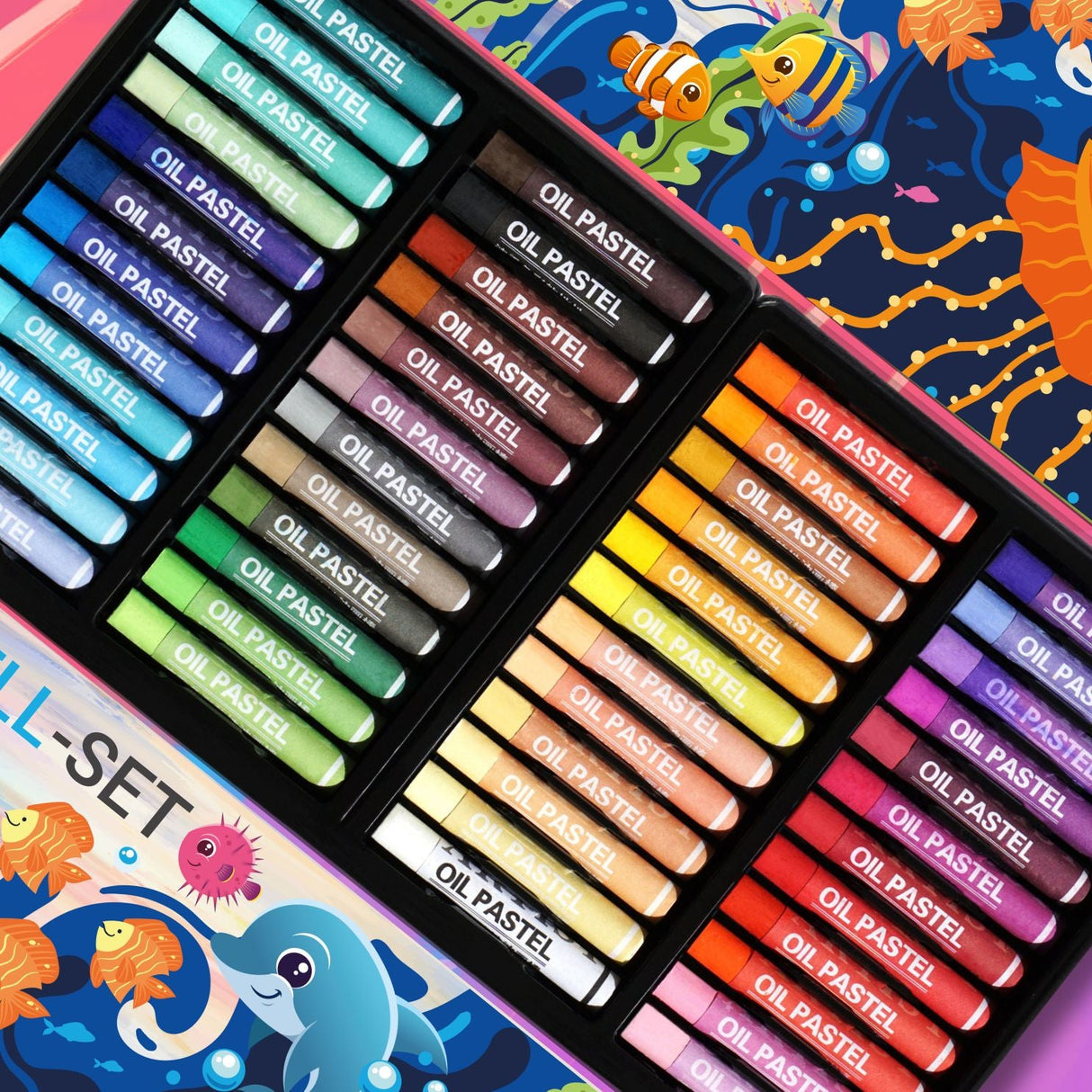 WEICHE ÖLPASTELLKREIDEN - 48 FARBEN FÜR KLEINE KÜNSTLER - KINDERFREUNDLICHES DESIGN, BUNTE MEERESWELT - Sabbatbox