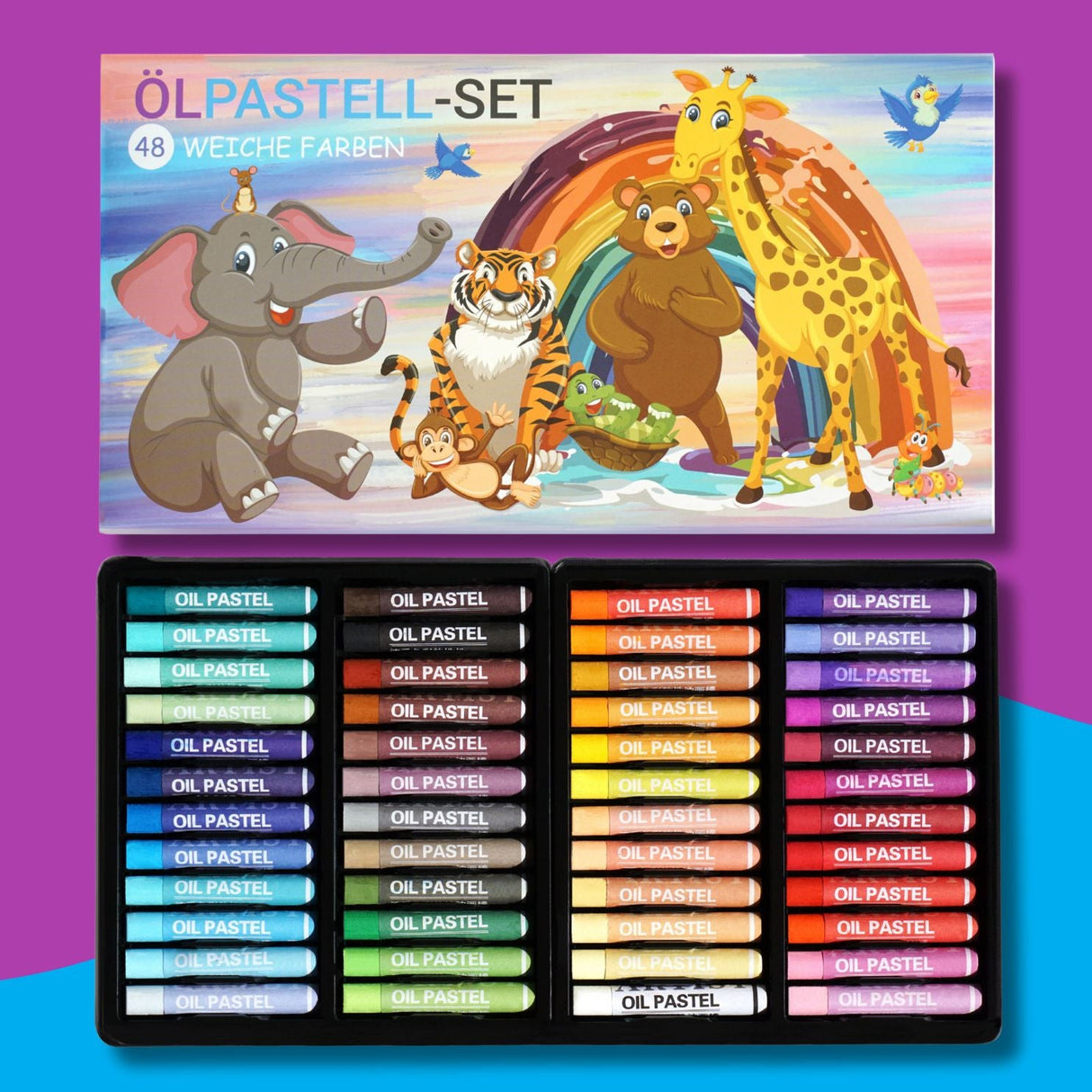 WEICHE ÖLPASTELLKREIDEN - 48 FARBEN FÜR KLEINE KÜNSTLER - KINDERFREUNDLICHES DESIGN, BUNTE TIERWELT - Sabbatbox