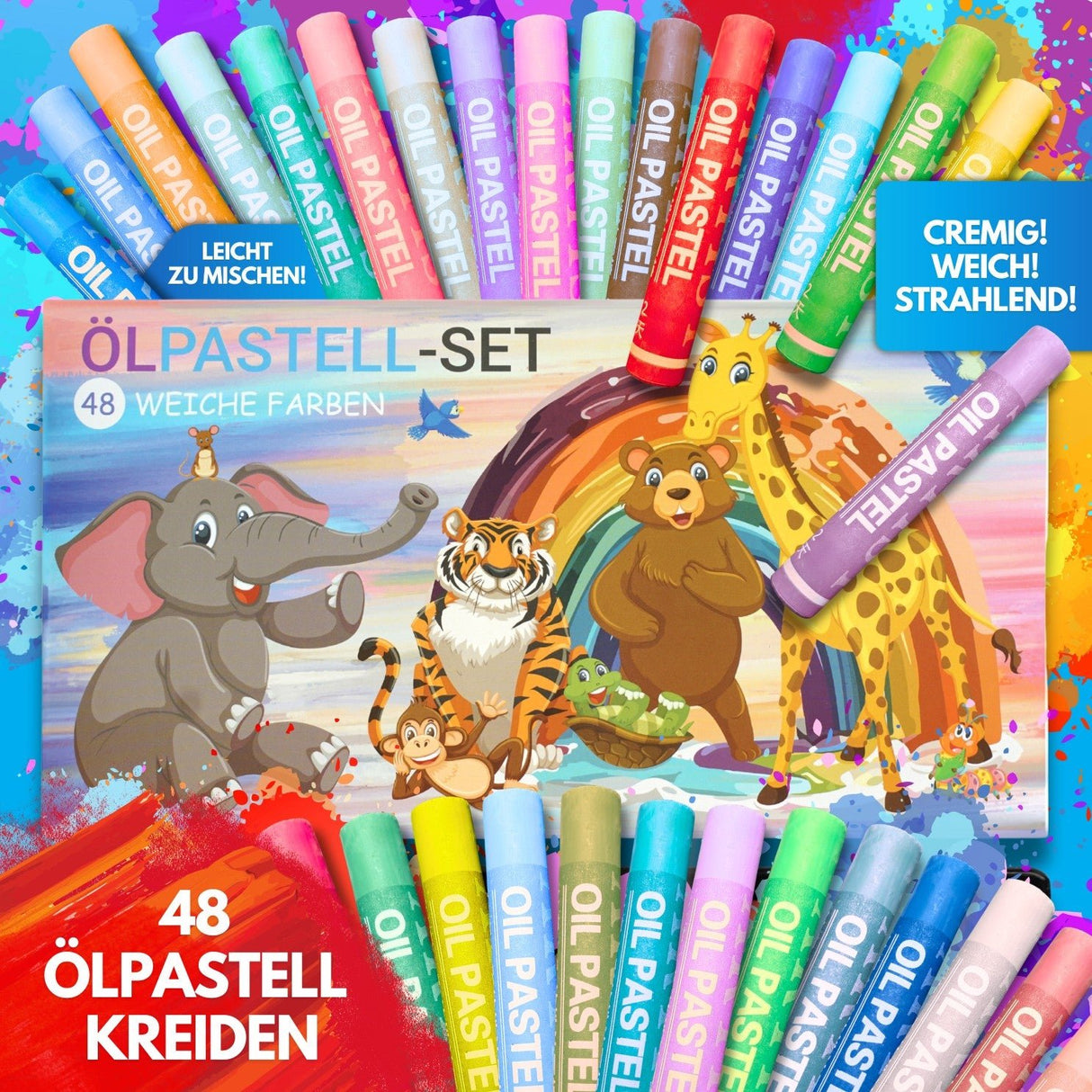 WEICHE ÖLPASTELLKREIDEN - 48 FARBEN FÜR KLEINE KÜNSTLER - KINDERFREUNDLICHES DESIGN, BUNTE TIERWELT - Sabbatbox