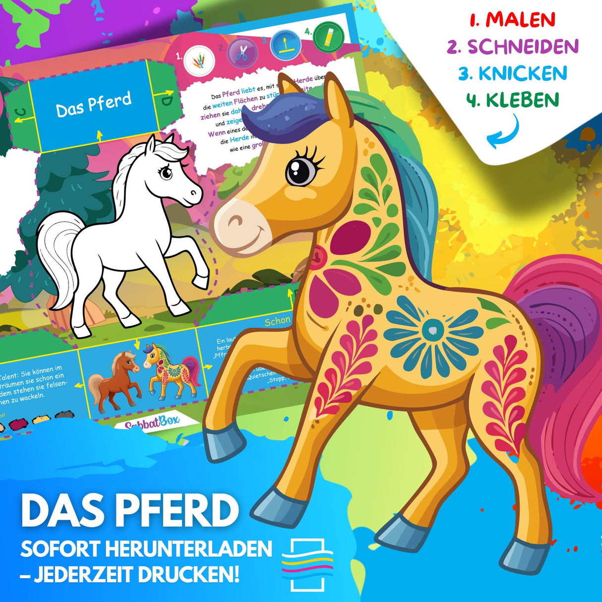 DAS PFERD ZUM AUSMALEN & BASTELN | MIT GESCHICHTE ZUM LERNEN & SAMMELN | DOWNLOAD ZUM AUSDRUCKEN