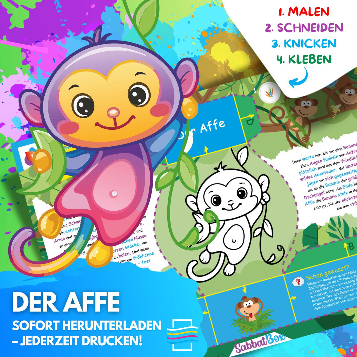DER AFFE ZUM AUSMALEN & BASTELN | MIT GESCHICHTE ZUM LERNEN & SAMMELN | DOWNLOAD ZUM AUSDRUCKEN