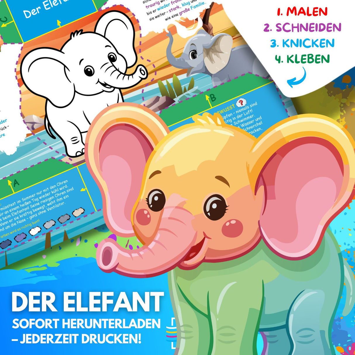 DER ELEFANT ZUM AUSMALEN & BASTELN | MIT GESCHICHTE ZUM LERNEN & SAMMELN | DOWNLOAD ZUM AUSDRUCKEN