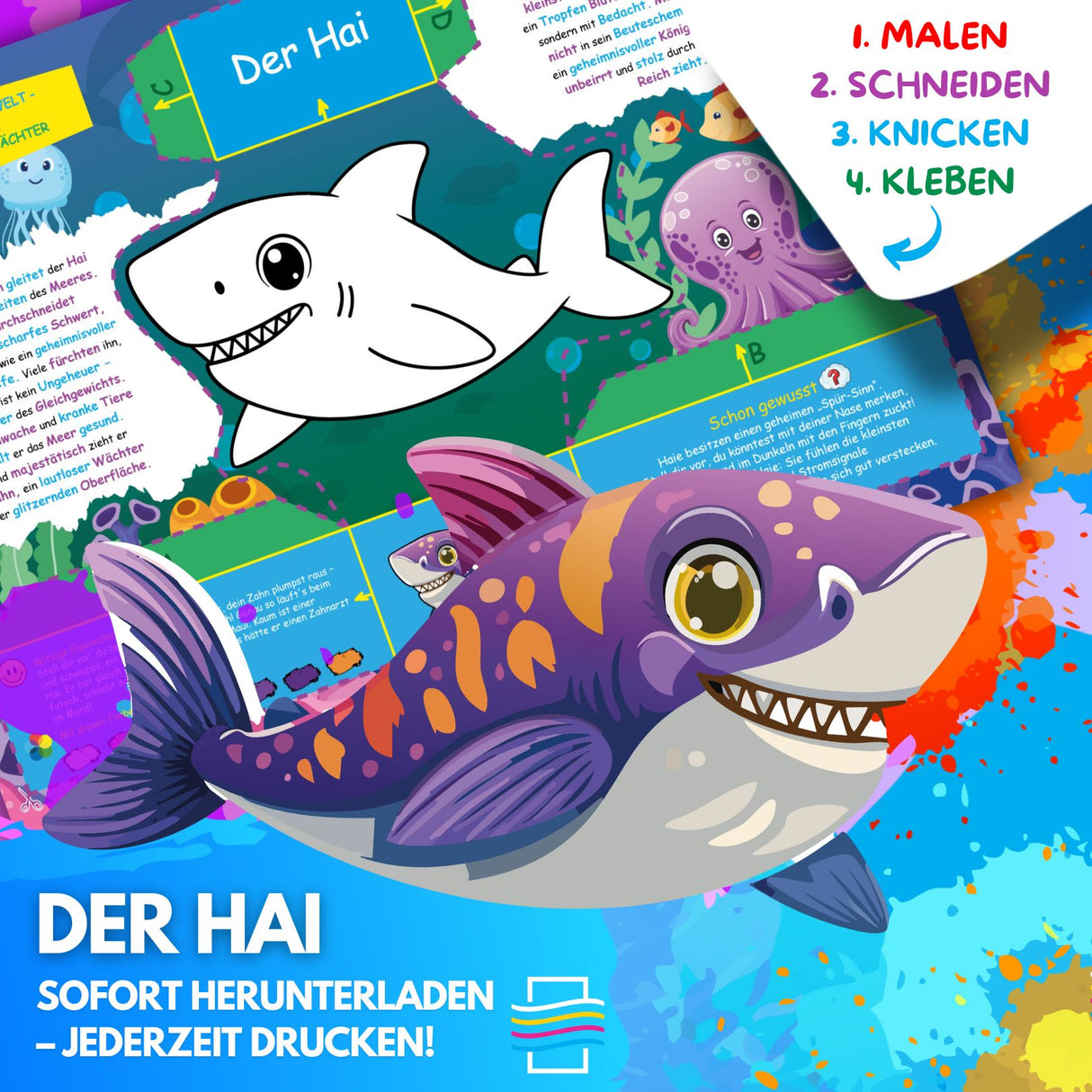 DER HAI ZUM AUSMALEN & BASTELN | MIT GESCHICHTE ZUM LERNEN & SAMMELN | DOWNLOAD ZUM AUSDRUCKEN