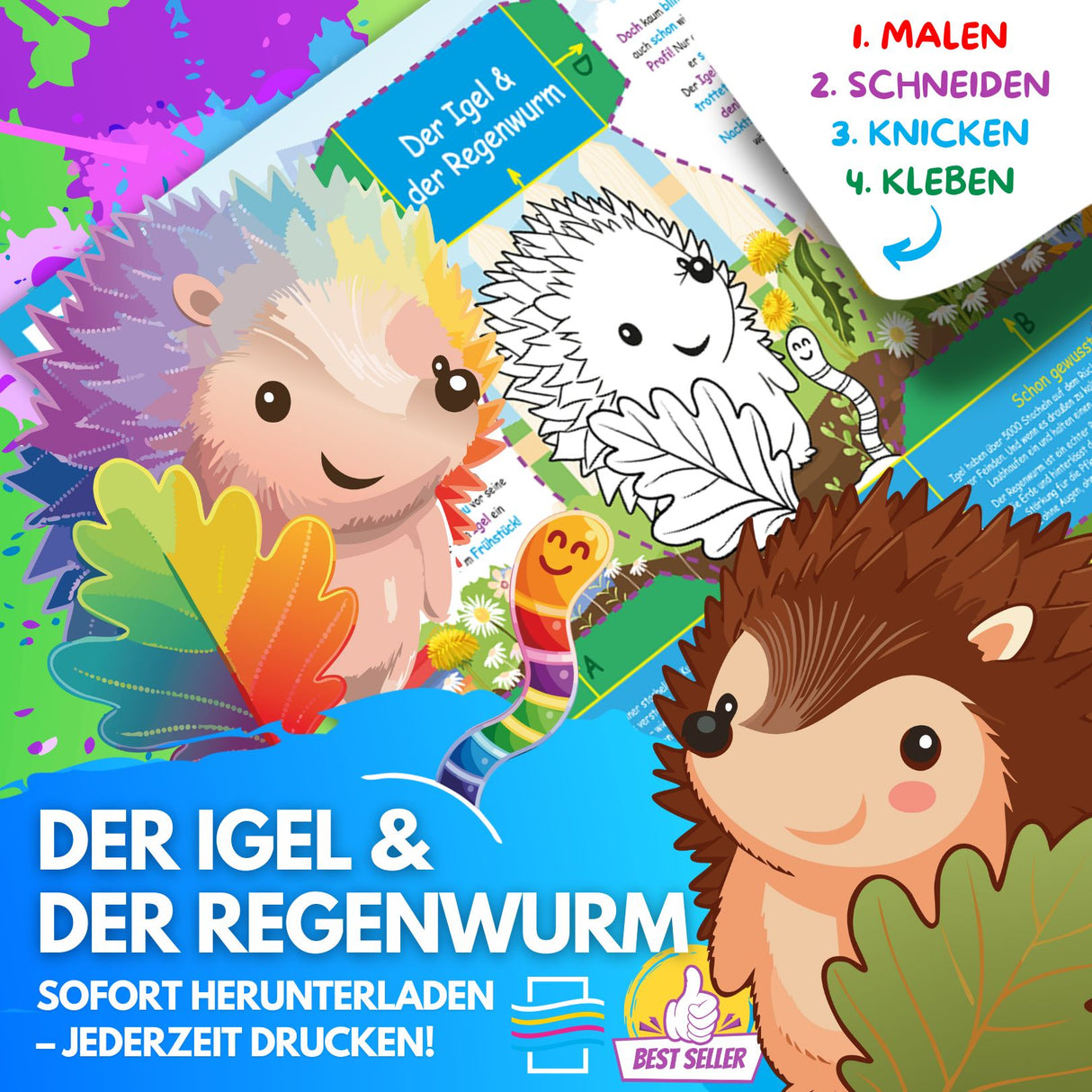 DER IGEL & DER REGENWURM ZUM AUSMALEN & BASTELN | MIT GESCHICHTE ZUM LERNEN & SAMMELN | DOWNLOAD ZUM AUSDRUCKEN