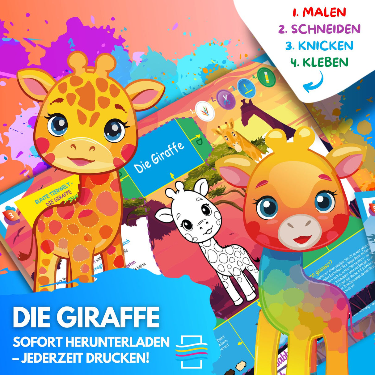 DIE GIRAFFE ZUM AUSMALEN & BASTELN | MIT GESCHICHTE ZUM LERNEN | DOWNLOAD ZUM AUSDRUCKEN