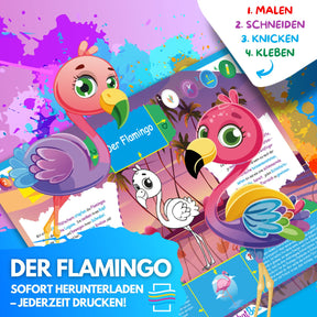DER FLAMINGO ZUM AUSMALEN & BASTELN | MIT GESCHICHTE ZUM LERNEN & SAMMELN | DOWNLOAD ZUM AUSDRUCKEN - Sabbatbox