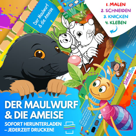 DER MAULWURF UND DIE AMEISE ZUM AUSMALEN & BASTELN | MIT GESCHICHTE ZUM LERNEN & SAMMELN | DOWNLOAD ZUM AUSDRUCKEN - Sabbatbox