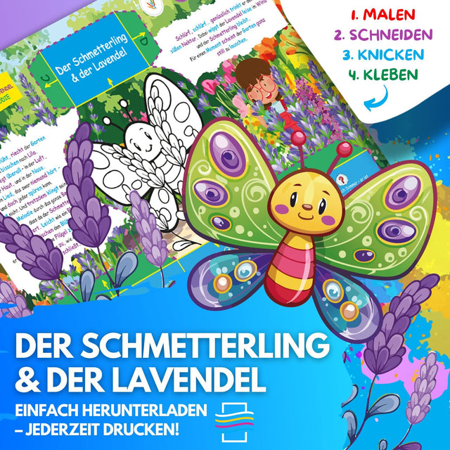 DER SCHMETTERLING UND DER LAVENDEL ZUM AUSMALEN & BASTELN | MIT GESCHICHTE ZUM LERNEN & SAMMELN | DOWNLOAD ZUM AUSDRUCKEN - Sabbatbox