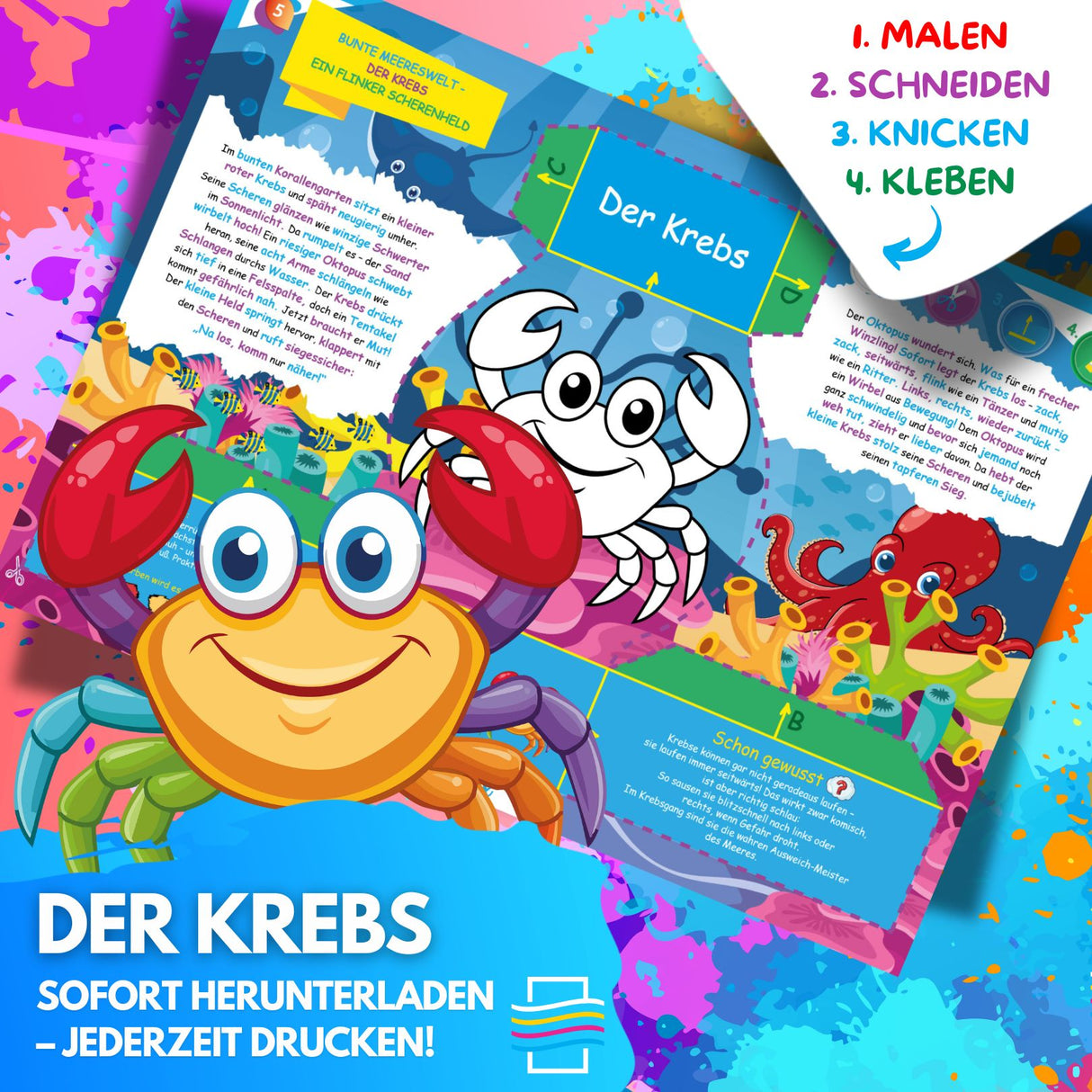 DER KREBS ZUM AUSMALEN & BASTELN | MIT GESCHICHTE ZUM LERNEN & SAMMELN | DOWNLOAD ZUM AUSDRUCKEN