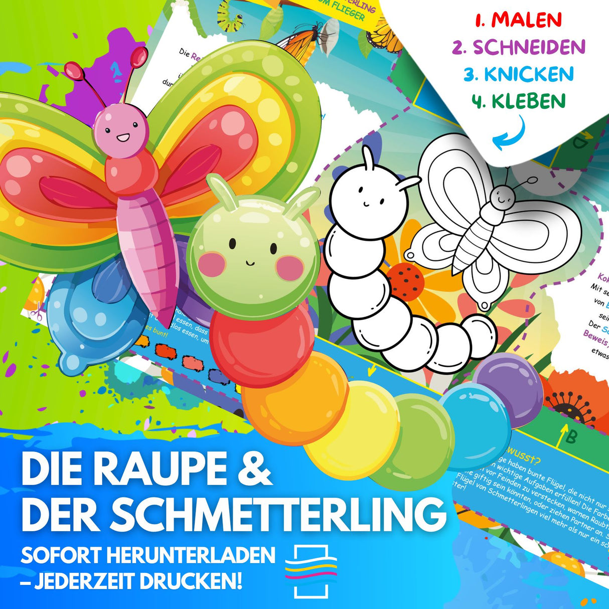 DIE RAUPE UND DER SCHMETTERLING ZUM AUSMALEN & BASTELN | MIT GESCHICHTE ZUM LERNEN & SAMMELN | DOWNLOAD ZUM AUSDRUCKEN - Sabbatbox