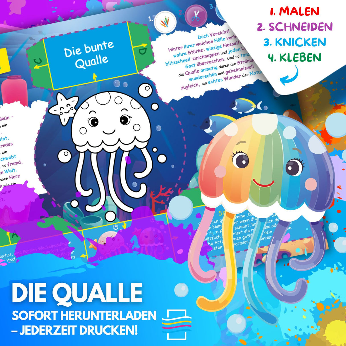 DIE QUALLE ZUM AUSMALEN & BASTELN | MIT GESCHICHTE ZUM LERNEN & SAMMELN | DOWNLOAD ZUM AUSDRUCKEN