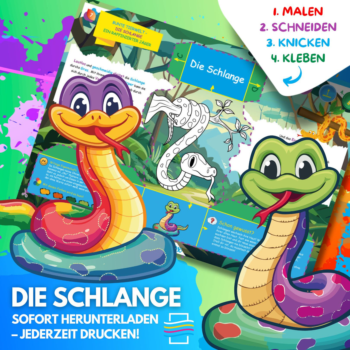 DIE SCHLANGE ZUM AUSMALEN & BASTELN | MIT GESCHICHTE ZUM LERNEN & SAMMELN | DOWNLOAD ZUM AUSDRUCKEN