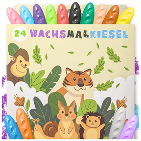 WACHSMALKIESEL - 24 WACHSMALSTIFTE FÜR KLEINE KÜNSTLER - KINDERFREUNDLICHES DESIGN, BUNTE TIERWELT - Sabbatbox