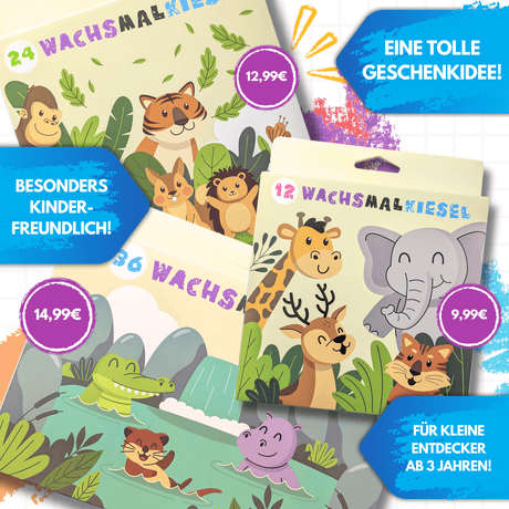 WACHSMALKIESEL - 36 WACHSMALSTIFTE FÜR KLEINE KÜNSTLER - KINDERFREUNDLICHES DESIGN, BUNTE TIERWELT - Sabbatbox