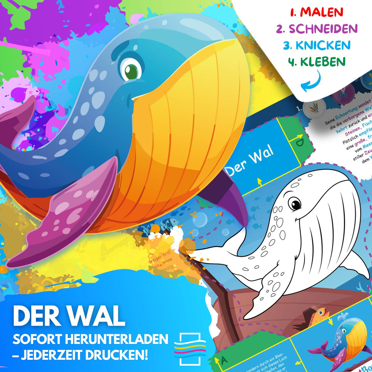 DER WAL ZUM AUSMALEN & BASTELN | MIT GESCHICHTE ZUM LERNEN & SAMMELN | DOWNLOAD ZUM AUSDRUCKEN