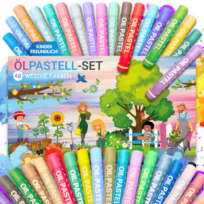 WEICHE ÖLPASTELLKREIDEN - 48 FARBEN FÜR KLEINE KÜNSTLER - KINDERFREUNDLICHES DESIGN, BUNTE GARTENWELT - Sabbatbox