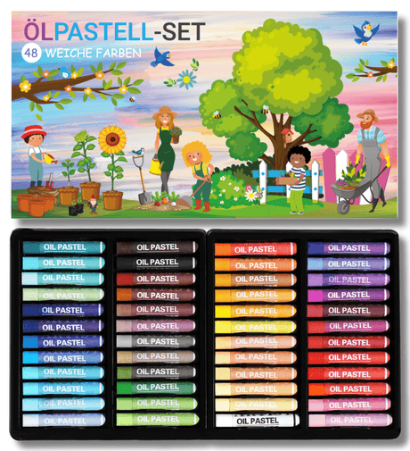 WEICHE ÖLPASTELLKREIDEN - 48 FARBEN FÜR KLEINE KÜNSTLER - KINDERFREUNDLICHES DESIGN, BUNTE GARTENWELT - Sabbatbox