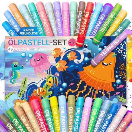 WEICHE ÖLPASTELLKREIDEN - 48 FARBEN FÜR KLEINE KÜNSTLER - KINDERFREUNDLICHES DESIGN, BUNTE MEERESWELT - Sabbatbox